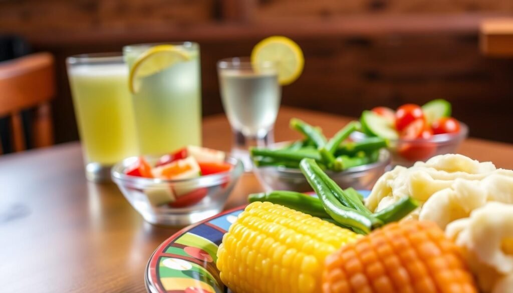 A vibrant and inviting display of various kids' menu side dishes at a Texas Roadhouse. In the foreground, a colorful plate featuring buttery corn on the cob, crispy green beans, and creamy mashed potatoes, artfully arranged to highlight their textures. In the middle ground, a small glass of refreshing lemonade with a slice of lemon, accompanied by a bowl of mini salad with cherry tomatoes and cucumbers. The background features a rustic wooden table, softly lit with warm, natural light that evokes a cozy, family-friendly dining atmosphere. The lens captures these elements from a slightly elevated angle to enhance their appeal, while the overall mood feels cheerful and inviting, perfect for children dining out. A vibrant and inviting display of various kids' menu side dishes at a Texas Roadhouse. In the foreground, a colorful plate featuring buttery corn on the cob, crispy green beans, and creamy mashed potatoes, artfully arranged to highlight their textures. In the middle ground, a small glass of refreshing lemonade with a slice of lemon, accompanied by a bowl of mini salad with cherry tomatoes and cucumbers. The background features a rustic wooden table, softly lit with warm, natural light that evokes a cozy, family-friendly dining atmosphere. The lens captures these elements from a slightly elevated angle to enhance their appeal, while the overall mood feels cheerful and inviting, perfect for children dining out.